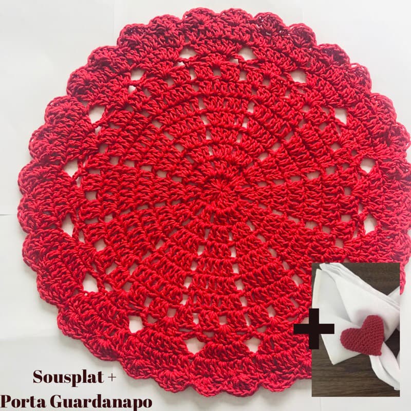 2 Sousplat + Porta Guardanapo Mini Coração Crochê Vermelho Toalhinha Dia das Mães Namorados Almoço Jantar Jogo Americano
