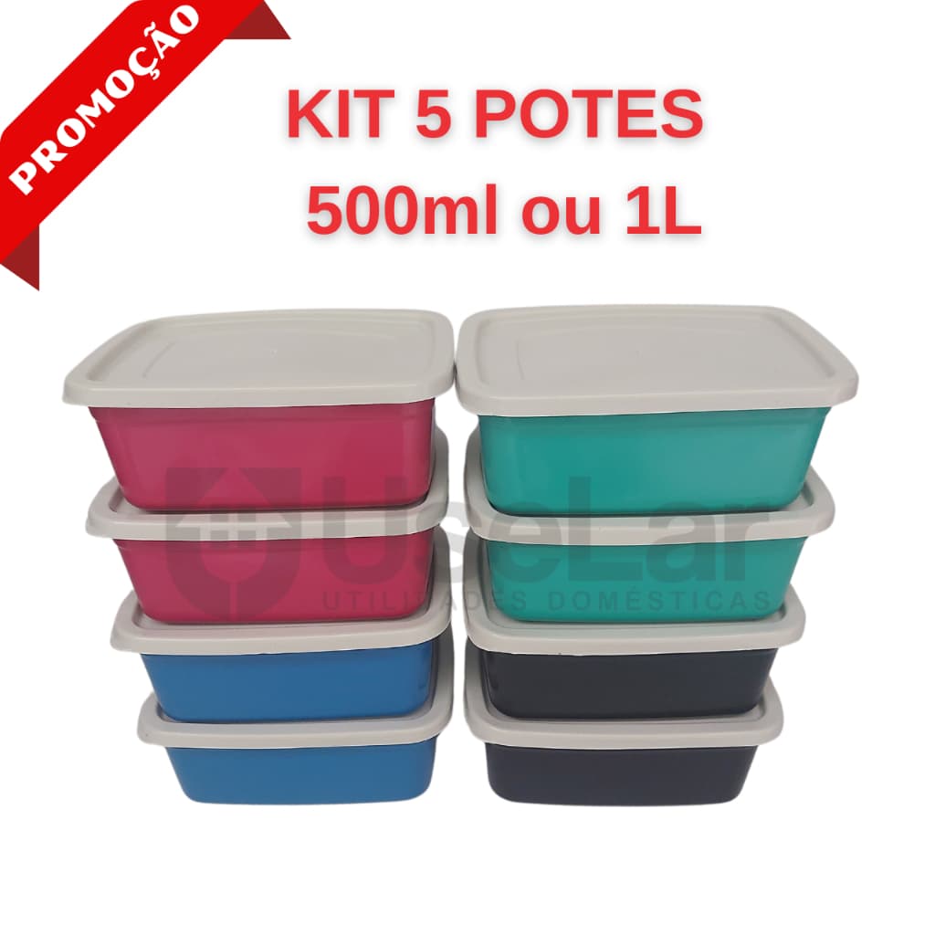 Kit 5 Potes 500ml 1L com Tampa Cozinha Organizador Mantimentos Cores Sortidas