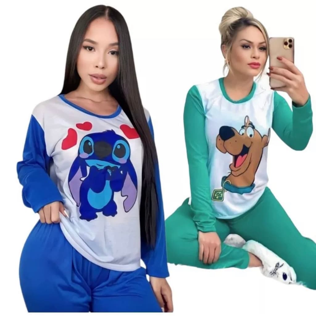 kit 2 Pijama Feminino de Inverno Adulto Manga Longa Confortável Personagens