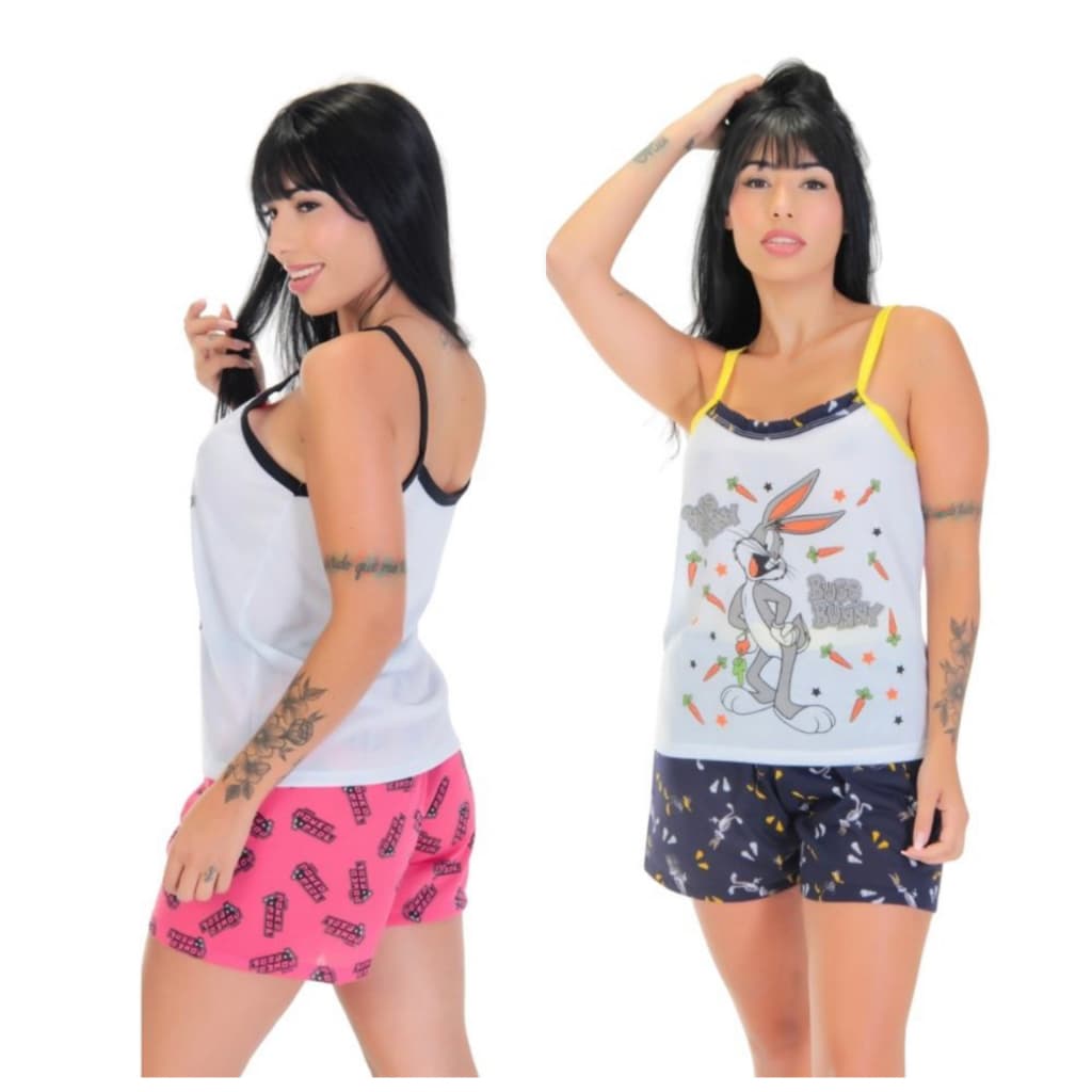 kit 2 Baby Doll Alcinha Malha Estampado Pijama Verão Feminino Adulto Roupa de Dormir Short Doll Confortável Traje para Dormir.