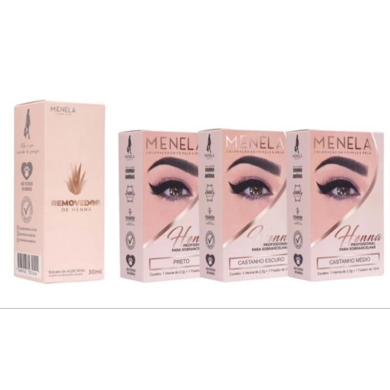 Kit 3 Cores Henna Sobrancelha MENELA 2,5 G Com Fixador +++Removedor Henna