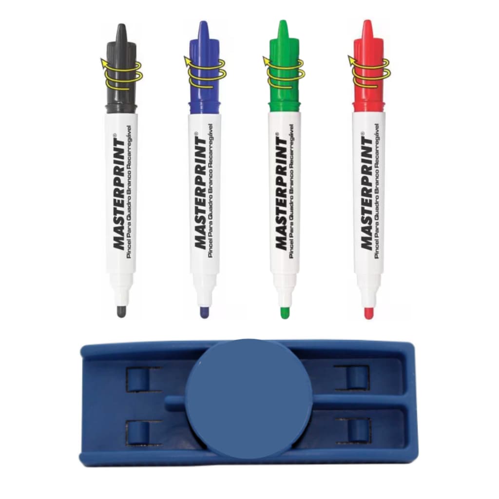 Kit Caneta - 4 Marcadores Recarregáveis Para Quadro Branco + Apagador com Suporte para 2 Piloto