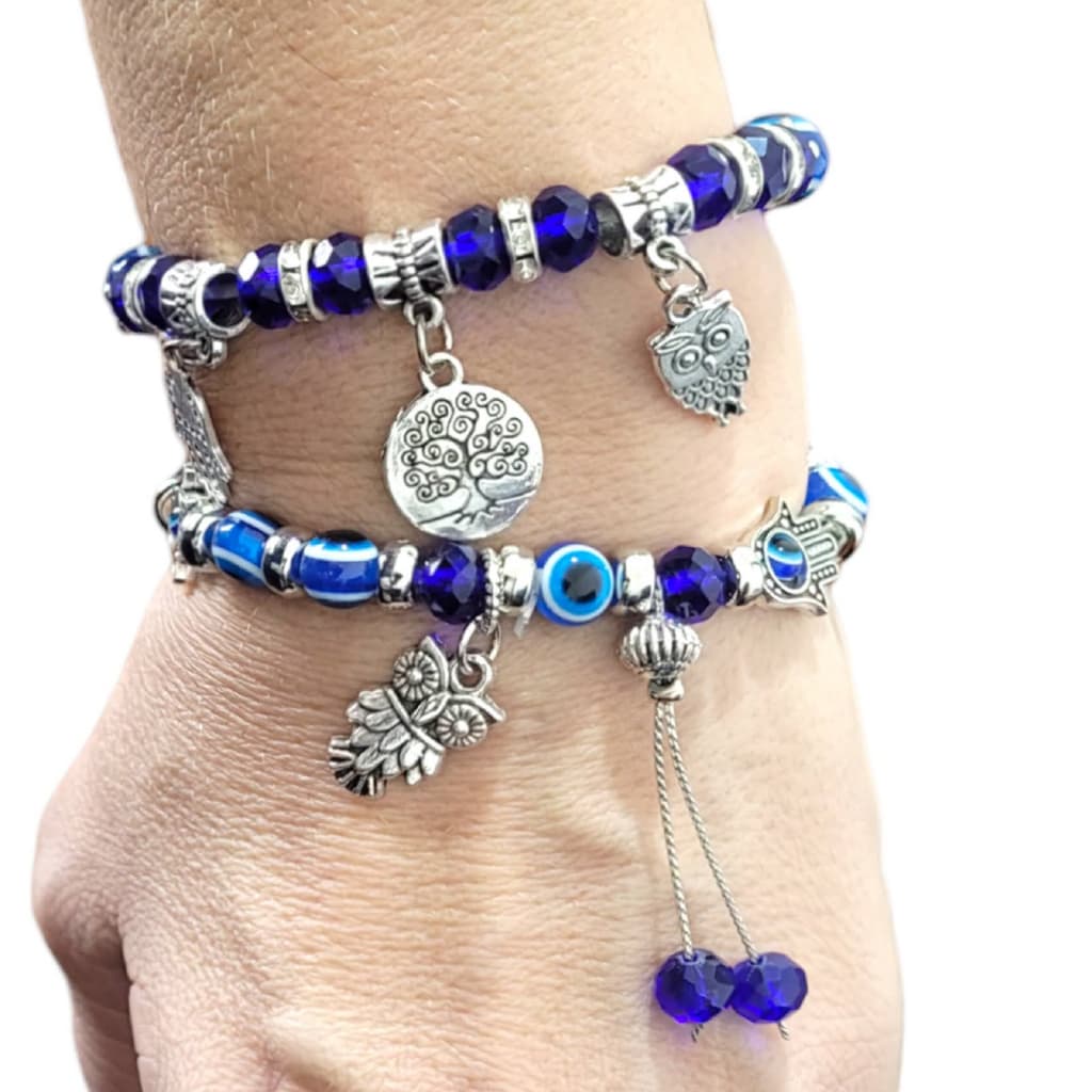 Kit 2 Pulseiras Olho Grego Pingente Hamsa Coruja Sorte Com Berloques