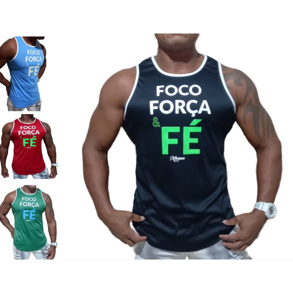 Regata Masculina Xhzeu Foco Força Fé Dry Fit Proteção UV Academia Treino Fitness