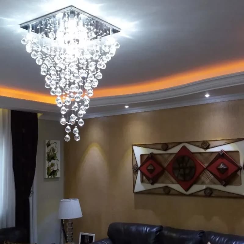 LUSTRE DE CRISTAL PARA SALA DE JANTAR , SALÃO DE FESTA,COM 80 CM DE ALTURA, BASE DE INOX POLIDO 42X42 CM