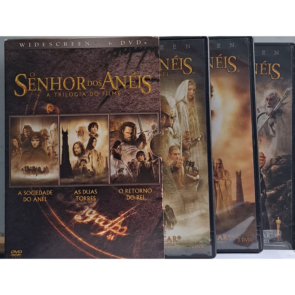 Filmes DVDs Trilogia O Senhor dos Anéis – A Sociedade do Anel, As Duas Torres, O Retorno do Rei – Widescreen Box c/ estojo com 6 DVDS)