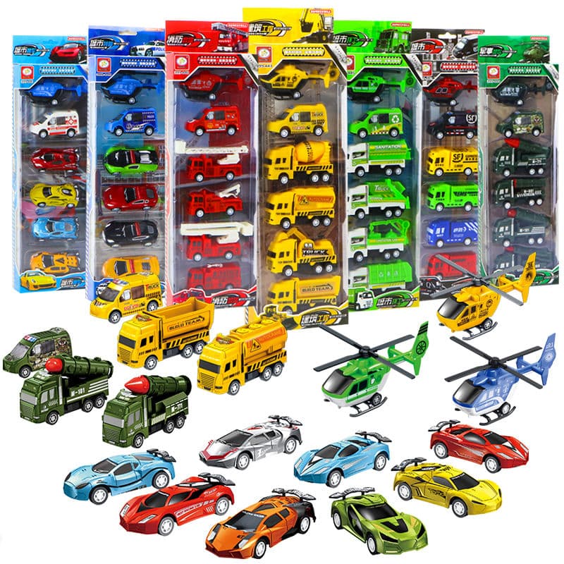 Kit 6 Carrinhos De Ficção Coleção Construção Militar Helicóptero Carro Caminhão Brinquedo Escavadeira Ambulância