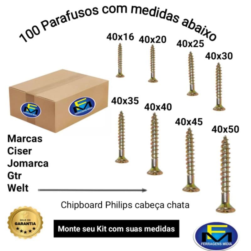 Kit parafuso Philips chipboard cabeça chata na medida 4,0mm (16 ao 50mm) o cento