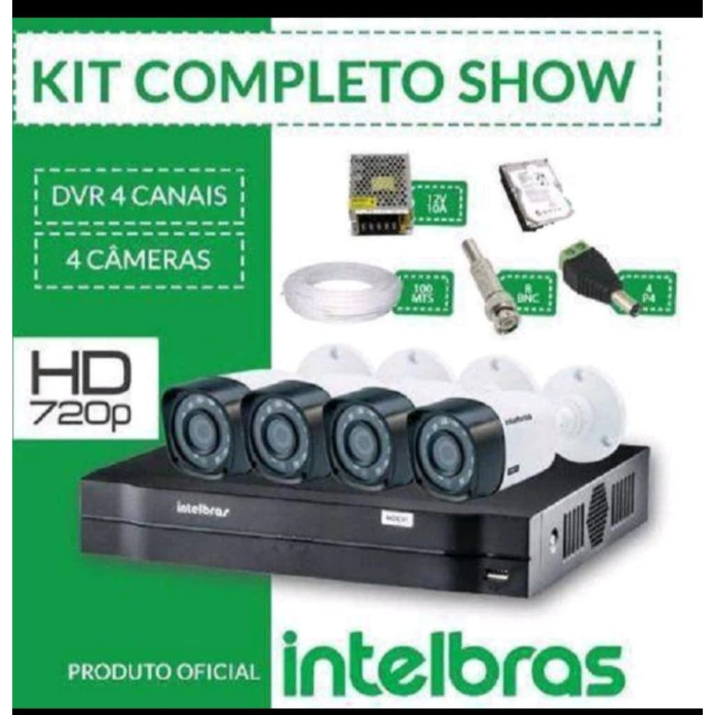 Kit cftv intelbras completo alta definição 4 câmeras hd + hd 2TB + cabo 100 metros