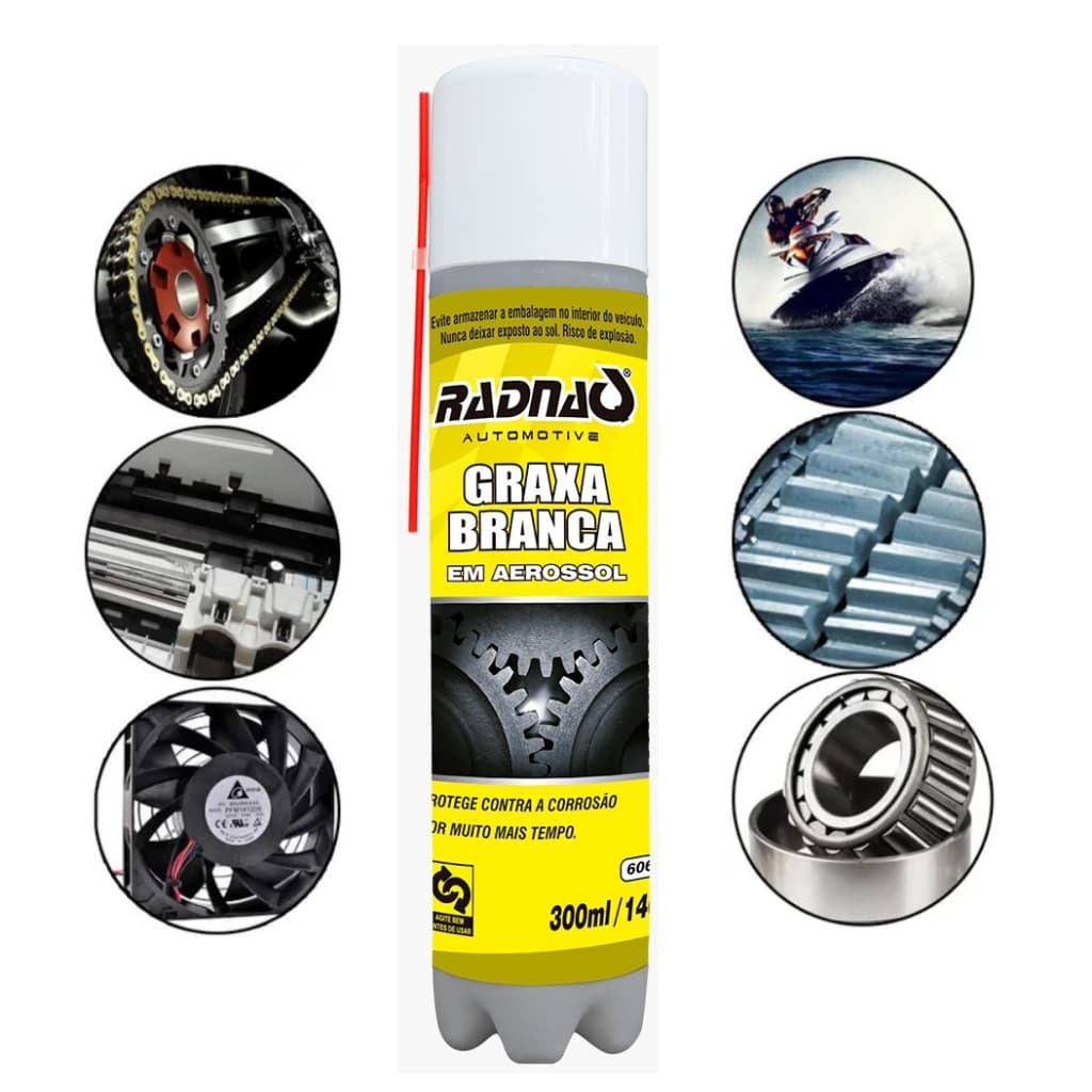 Graxa Branca Spray Aerossol 300ml - Radnaq - Alta resistência ao calor e a água, lubrificação de peças metálicas móveis ou não