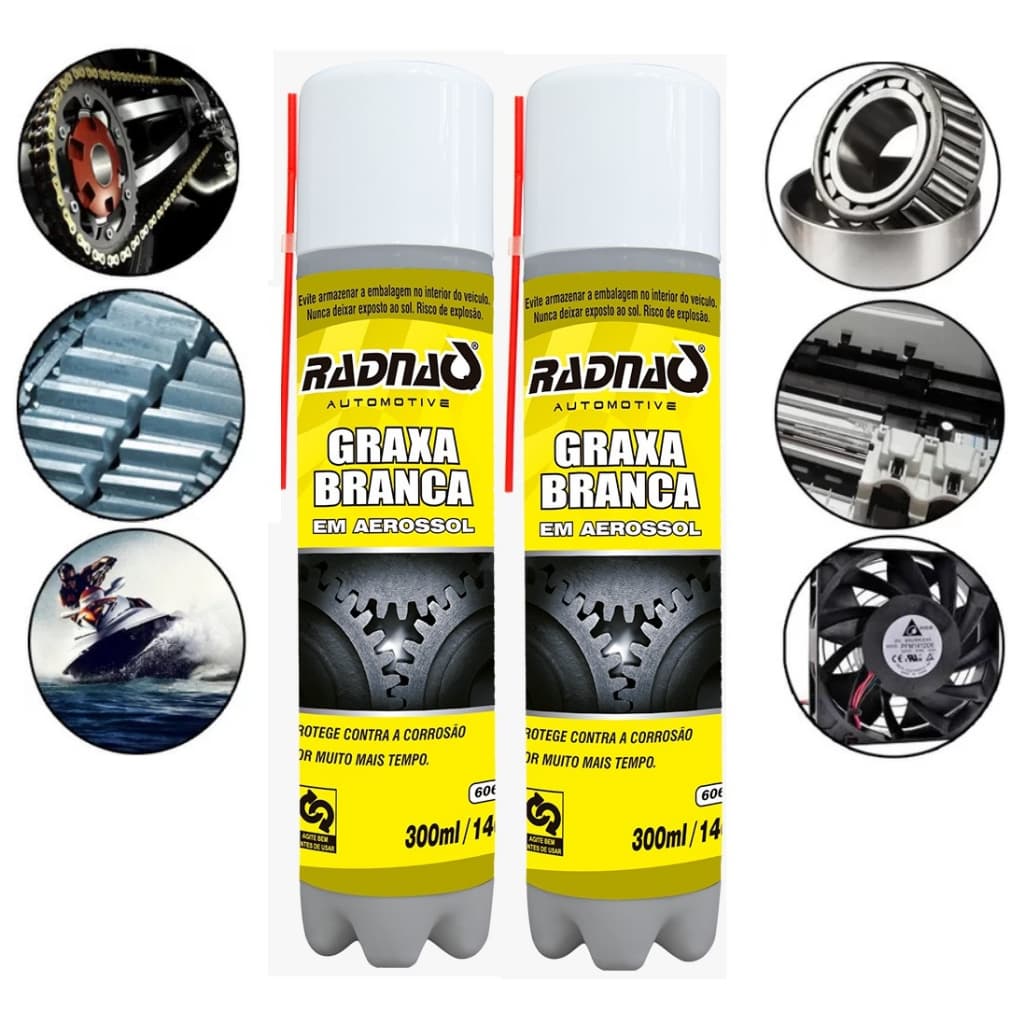 Kit c/2 Graxa Branca Spray Aerossol 300ml - Radnaq - Alta resistência ao calor e a água, lubrificação de peças metálicas móveis
