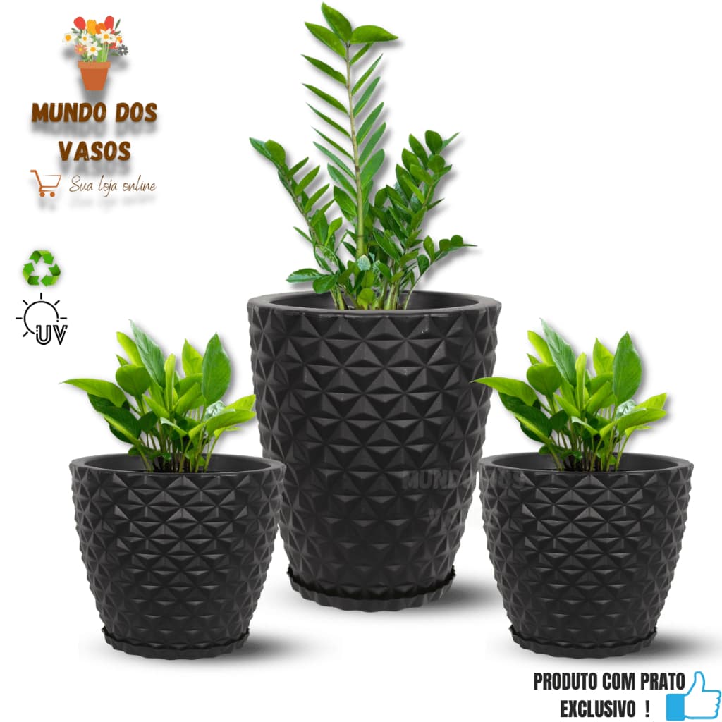 KIT 3 UNIDADES VASOS DE PLANTAS MODELO DIAMANTE COM PRATO
