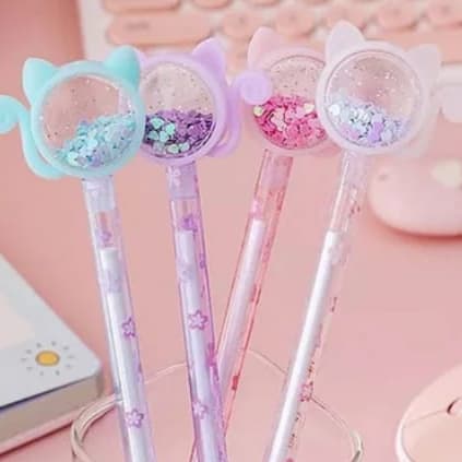 Caneta Gatinho com Corações e Glitter Fofa Kawaii