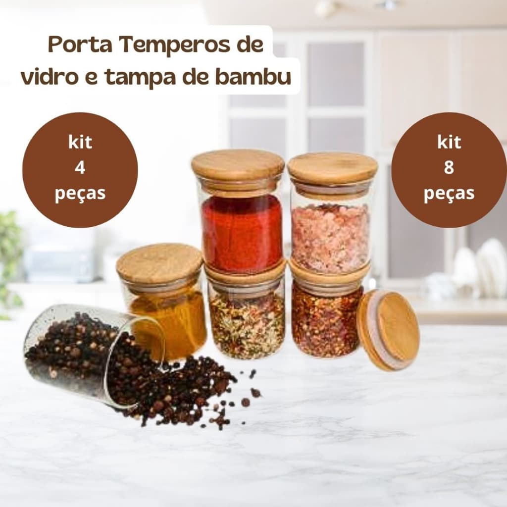 Kit  Potes de vidro herméticos com 4 ou 8 potes Tampa Bambu 200ml