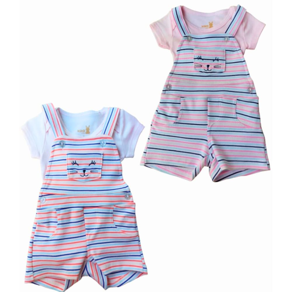Conjunto Jardineira E Body Kiko E Kika Infantil Bebê Feminino Algodão Menina Gatinha Listrado Bory Jardinera REF. E0085