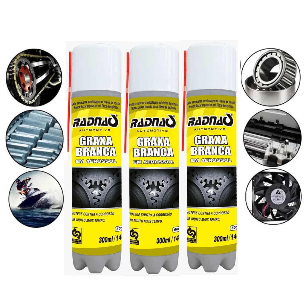 Kit c/3 Graxa Branca Spray Aerossol 300ml - Radnaq - Alta resistência ao calor e a água, lubrificação de peças metálicas móveis
