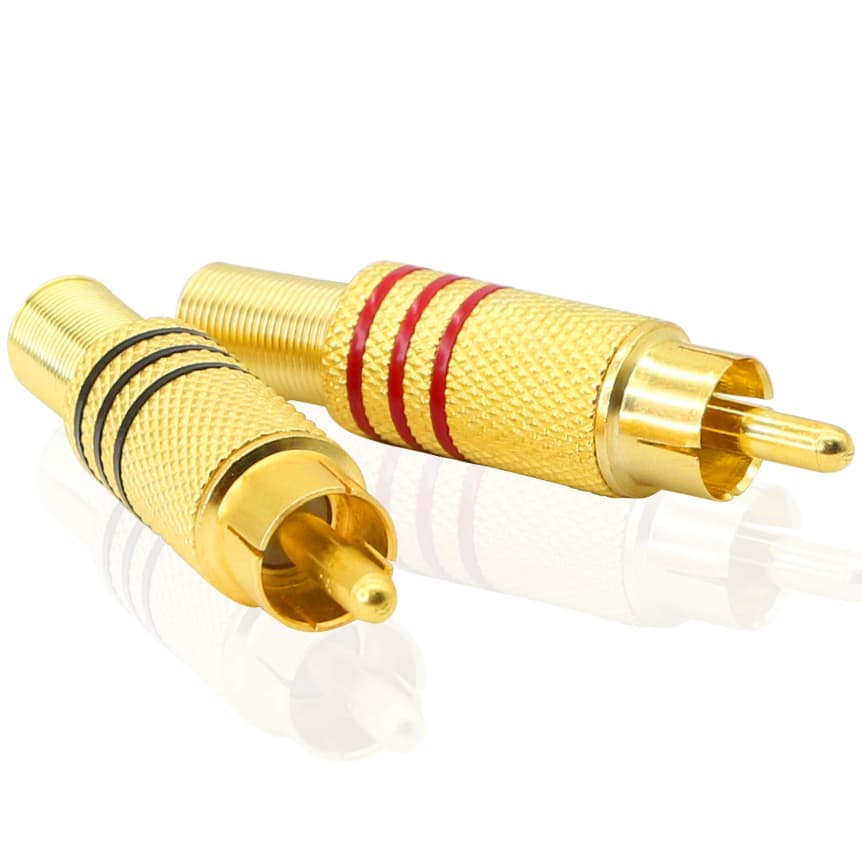 2X Plug RCA Macho Dourado Metal Preto/Vermelho Até 6mm (Par)
