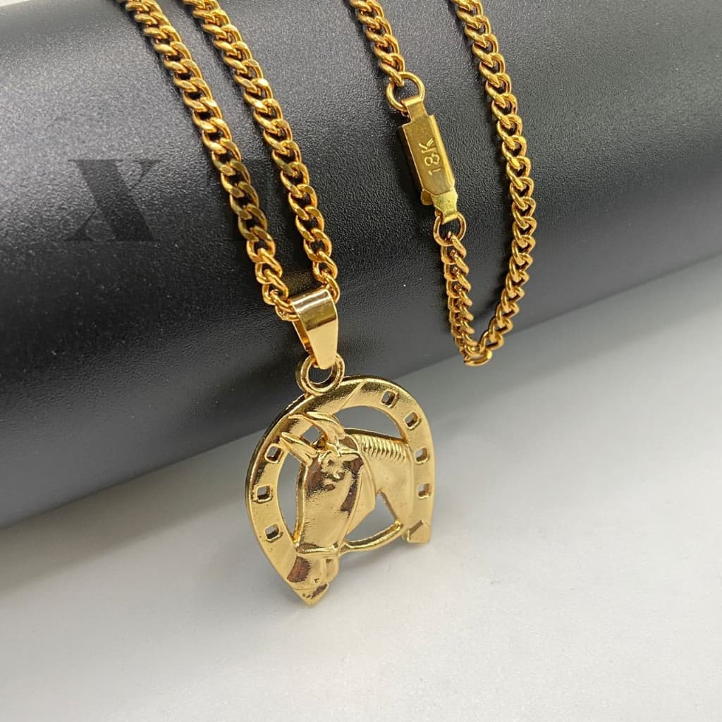 Corrente masculino corda de aço inox colares pra feminina banhado a ouro 18K com pingente de folheado cabeça de cavalo