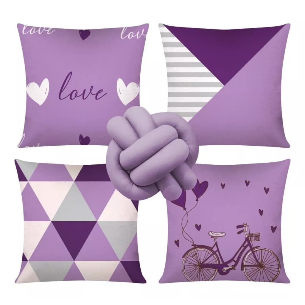 Kit 4 Almofadas Cheias Decorativas + 1 Almofada De Nó Bicicleta Lilás