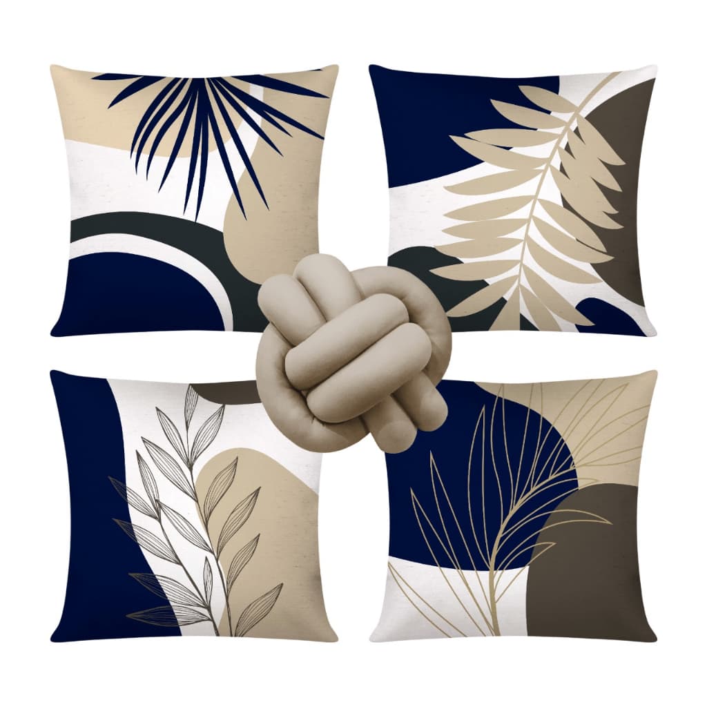Kit 4 Almofadas Cheias Decorativas + 1 Almofada De Nó Folhas Azul e Bege