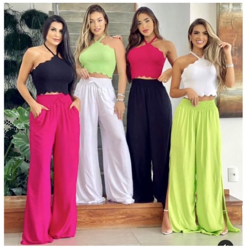 Calça Pantalona Feminina Fendas Laterais Cintura Alto Forrado Moda Super Envio ! !