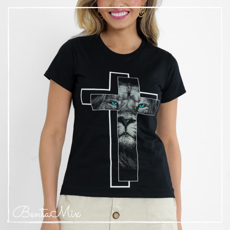 TSHIRT “ Cruz Leão “ Cordeiro de Deus tribo de Judá Camiseta feminina básica desenho cristão evangélico católico