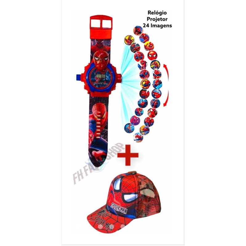 Homem Aranha Relógio Projetor 24 Imagens E Boné Kit Infantil Top