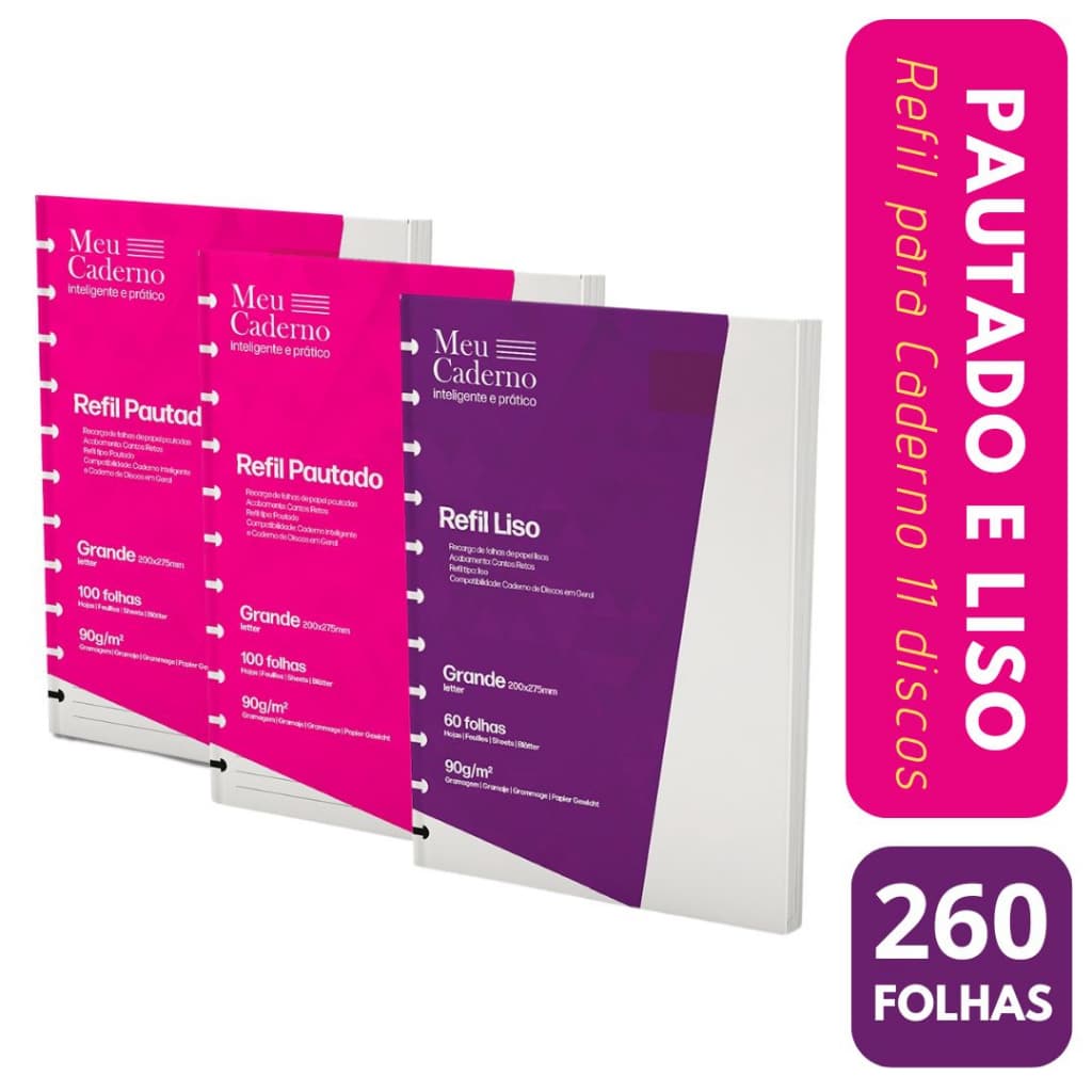KIT 260 Folhas Refil Compativel Caderno Inteligente Liso e Pautado Refil Caderno de 11 Discos Furos