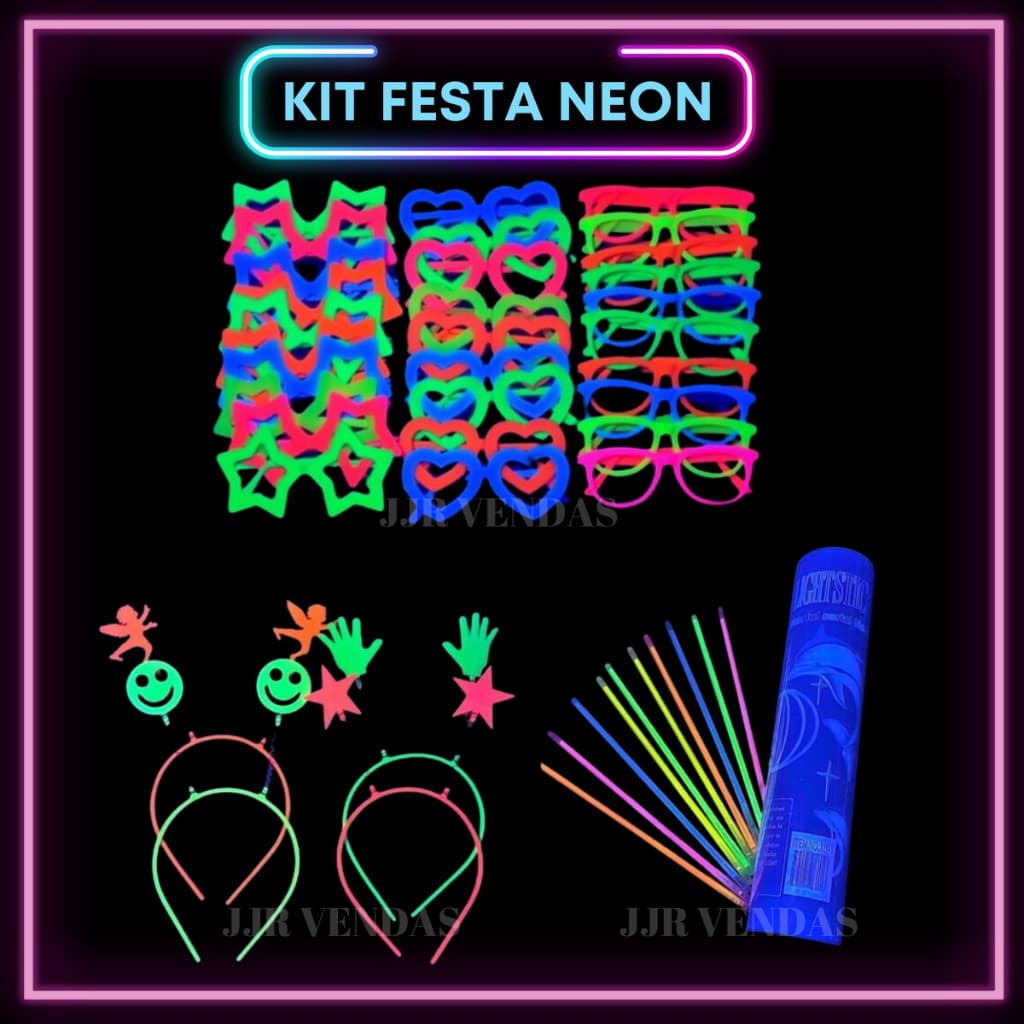Kit Festa 70 Itens Brilha Luz Negra + 100 Pulseira Neon
