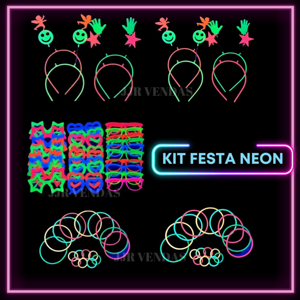 Kit Festa 70 Itens Neon Brilha Luz Negra Adereço Balada