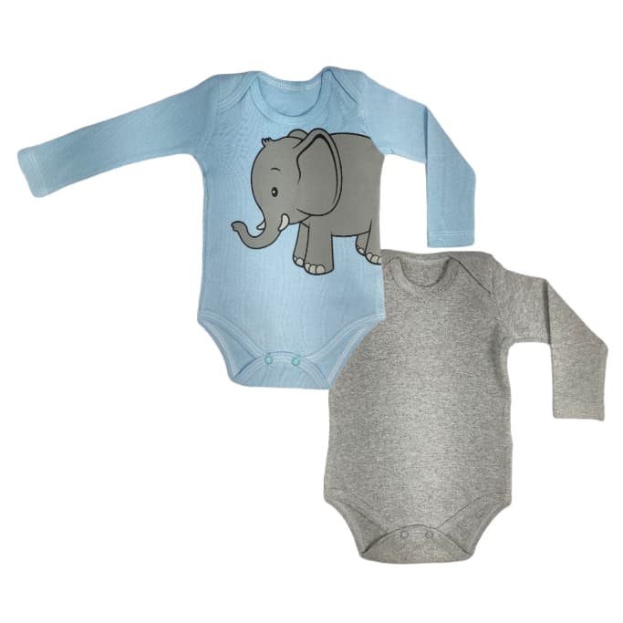 Kit Bebe 2 Bodys Manga Longa, Elefante, do RN a 1ano