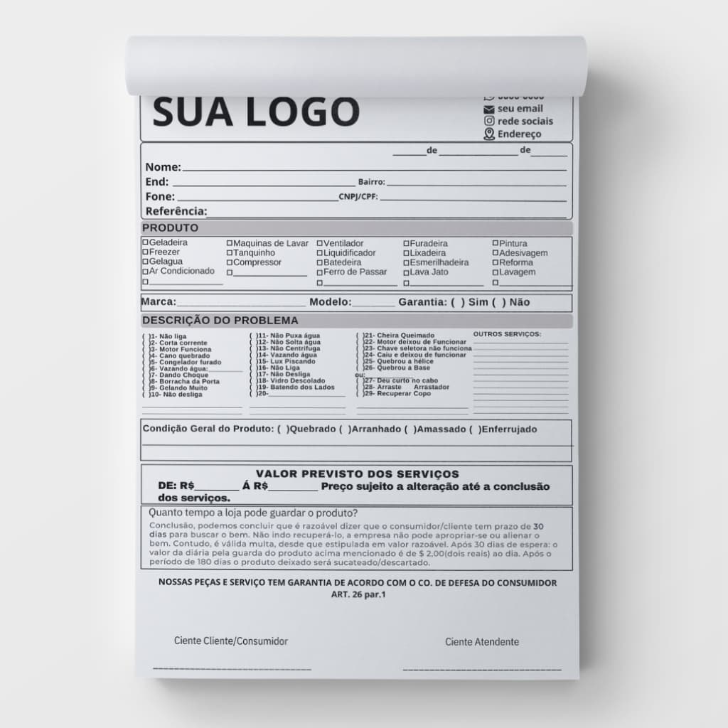 Talões Blocos Pedido Orçamento Ordem De Serviço Eletrodoméstico  personaizado15x21 2,4 e 10 unidades