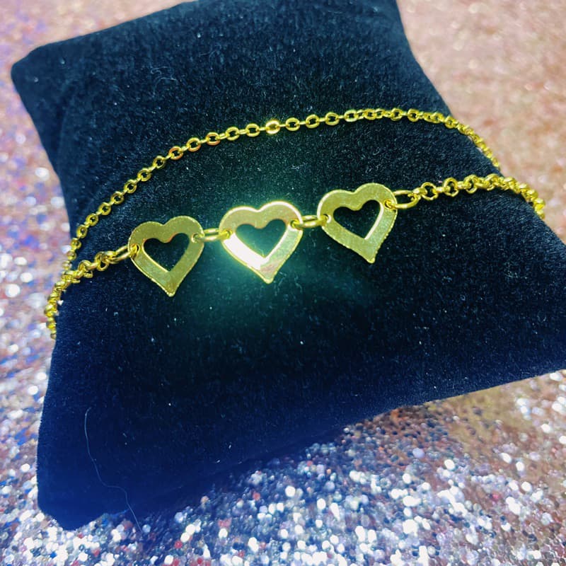 Pulseira Dourada Banhada a Ouro 18K Dupla Três Corações - Luxo - Semi Jóia - Plus Size