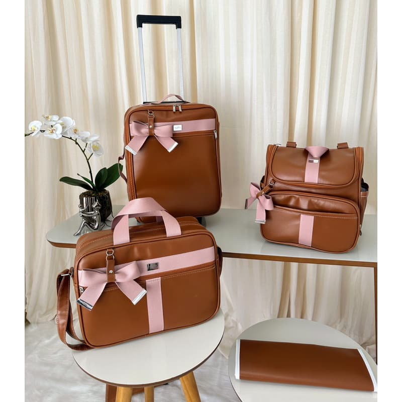 kit de bolsas de maternidade com mala de rodinha e mochila 2 em um caramelo  com faixa rosê
