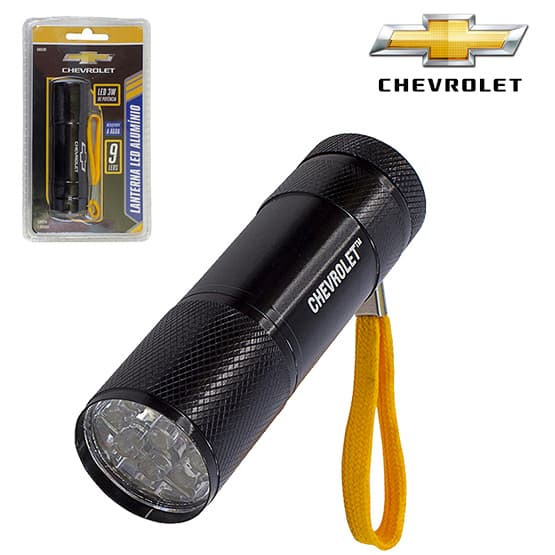 LANTERNA DE ALUMINIO COM 9 LEDS 3W RESISTENTE A AGUA CHEVROLET A PILHA NA CARTELA