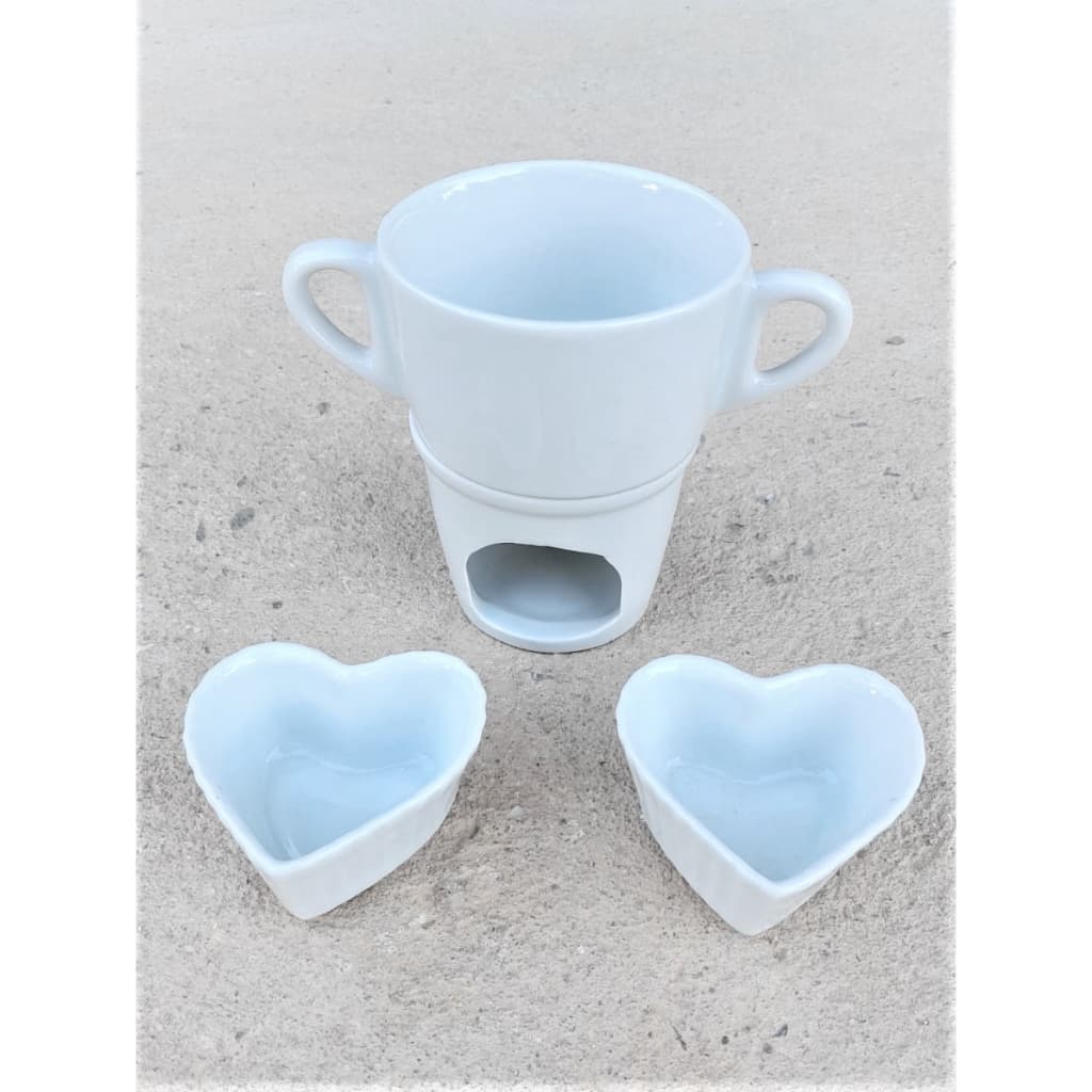 Kit Fondue Individual + 2 Ramequim Coração Porcelana Branca Queijo Chocolate Aparelho