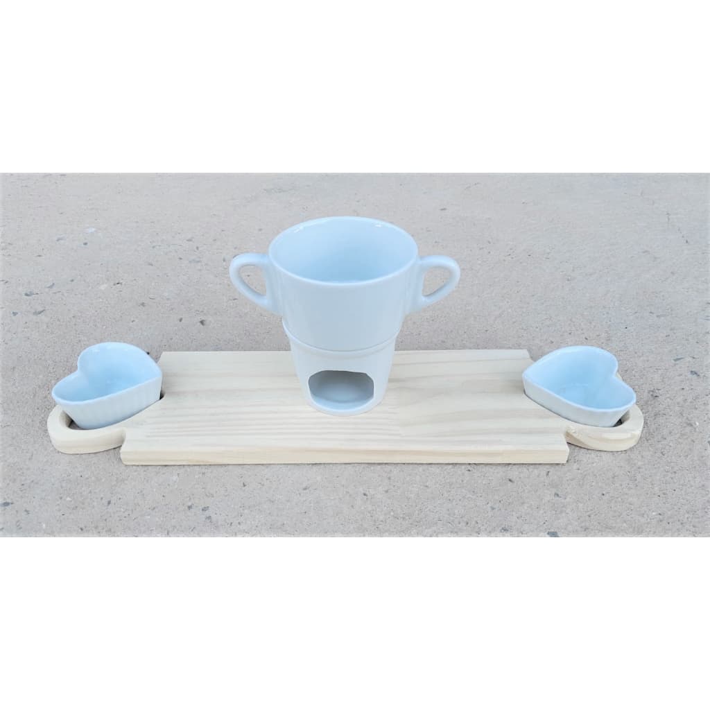 Kit Tábua de Servir Fondue Individual + 2 Ramequim Coração Porcelana Branca Queijo Chocolate Aparelho