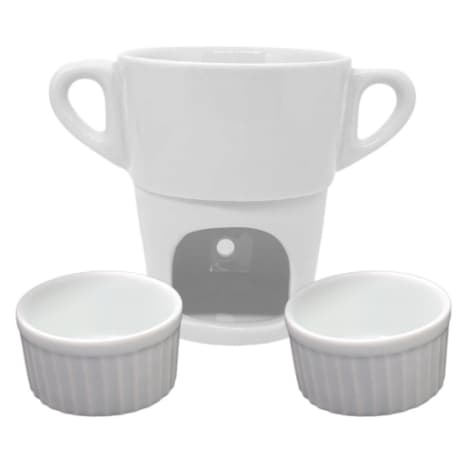Kit Fondue Individual + 2 Ramequim Porcelana Branca Queijo Chocolate Caneca Aparelho
