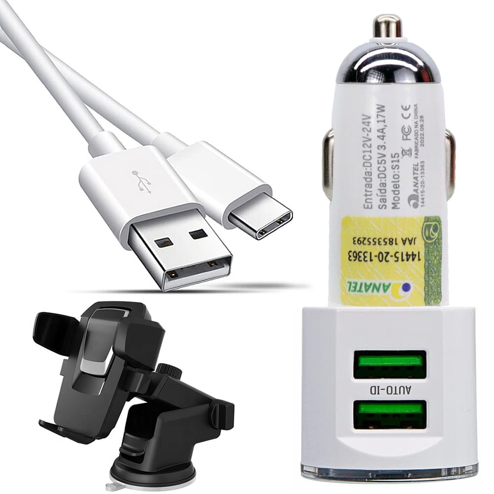 Carregador Celular Turbo Veicular Carro 2 Usb Com Cabo USB Incluso Compatível iPhone/Android Com Suporte Veicular Painel Ventosa