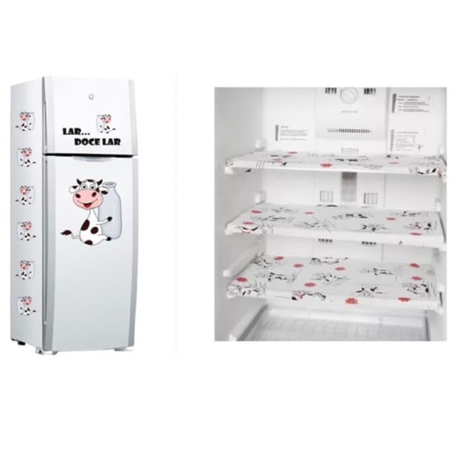 Kit Cartela de Adesivos para Geladeira Vaquinha e Leite + 3 Toalhas para Geladeira Vaquinha