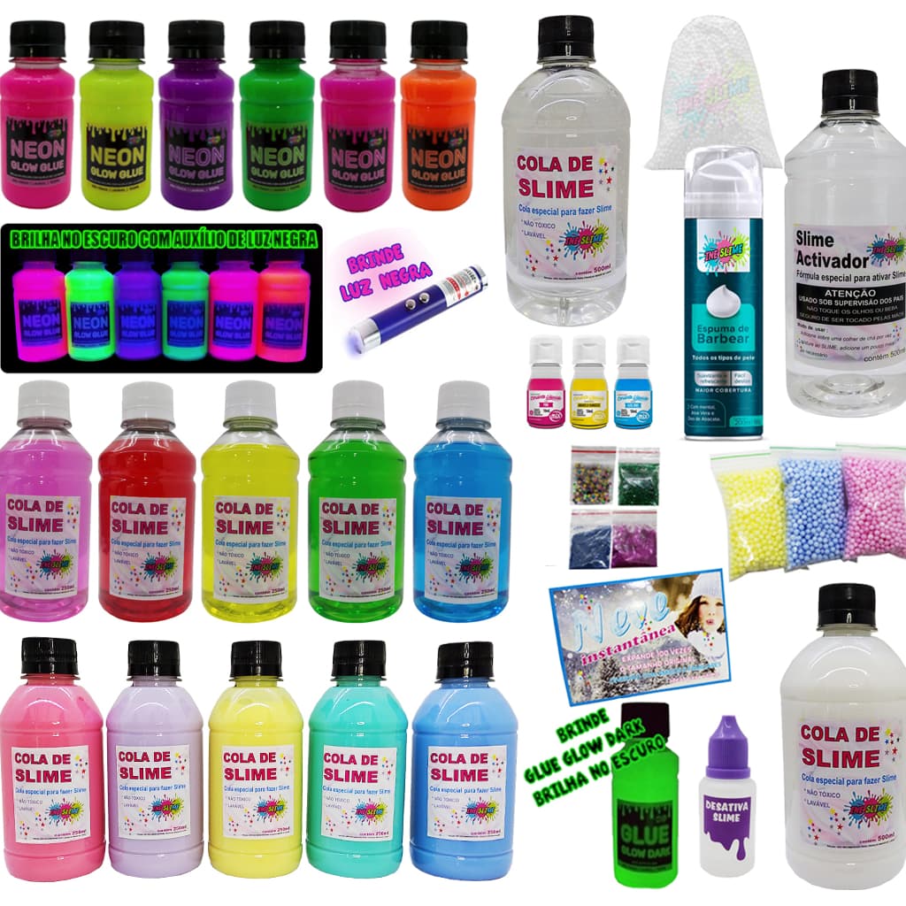 MEGA KIT PARA FABRICAR SLIME COM COLAS NEON E COLORIDAS