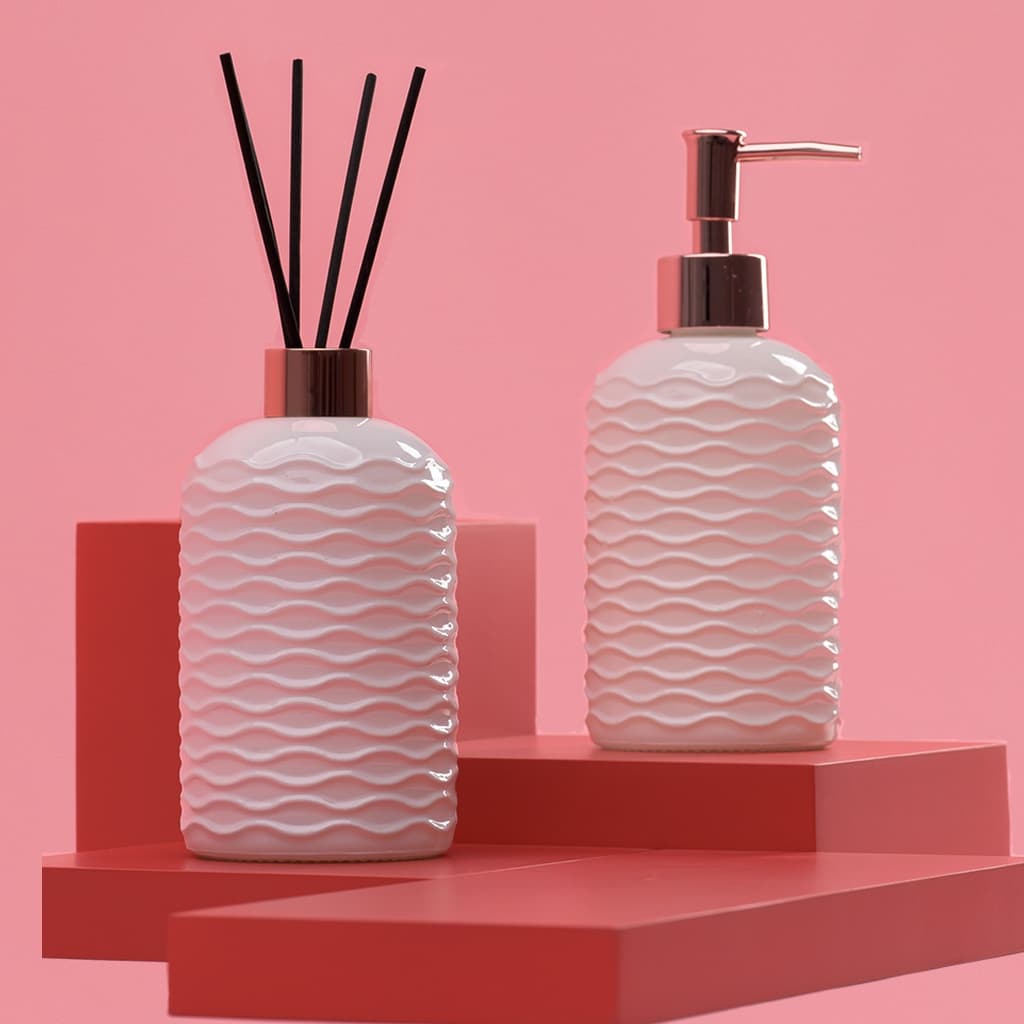Kit Porta Sabonete Liquido e Difusor de Aromas de Vidro Design e Organização para seu Banheiro - UZ