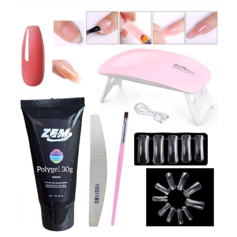 Kit Polygel Grande 30g Para Alongamento de Unha Postiça + Mini Cabine Sun +  Molde F1 Poligel