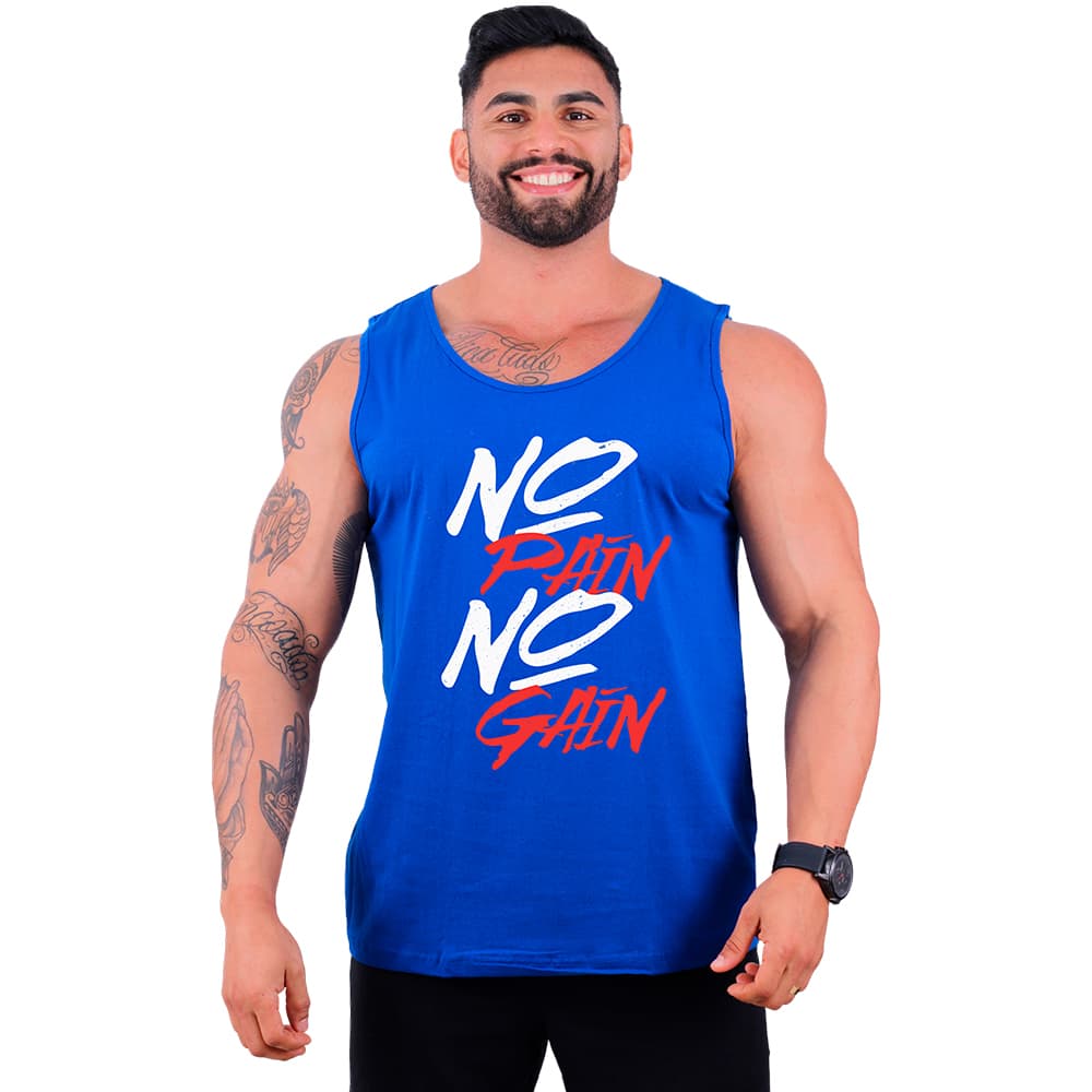 Regata Clássica Masculina MXD Conceito Academia Musculação Lazer No Pain No Gain Exclusiva