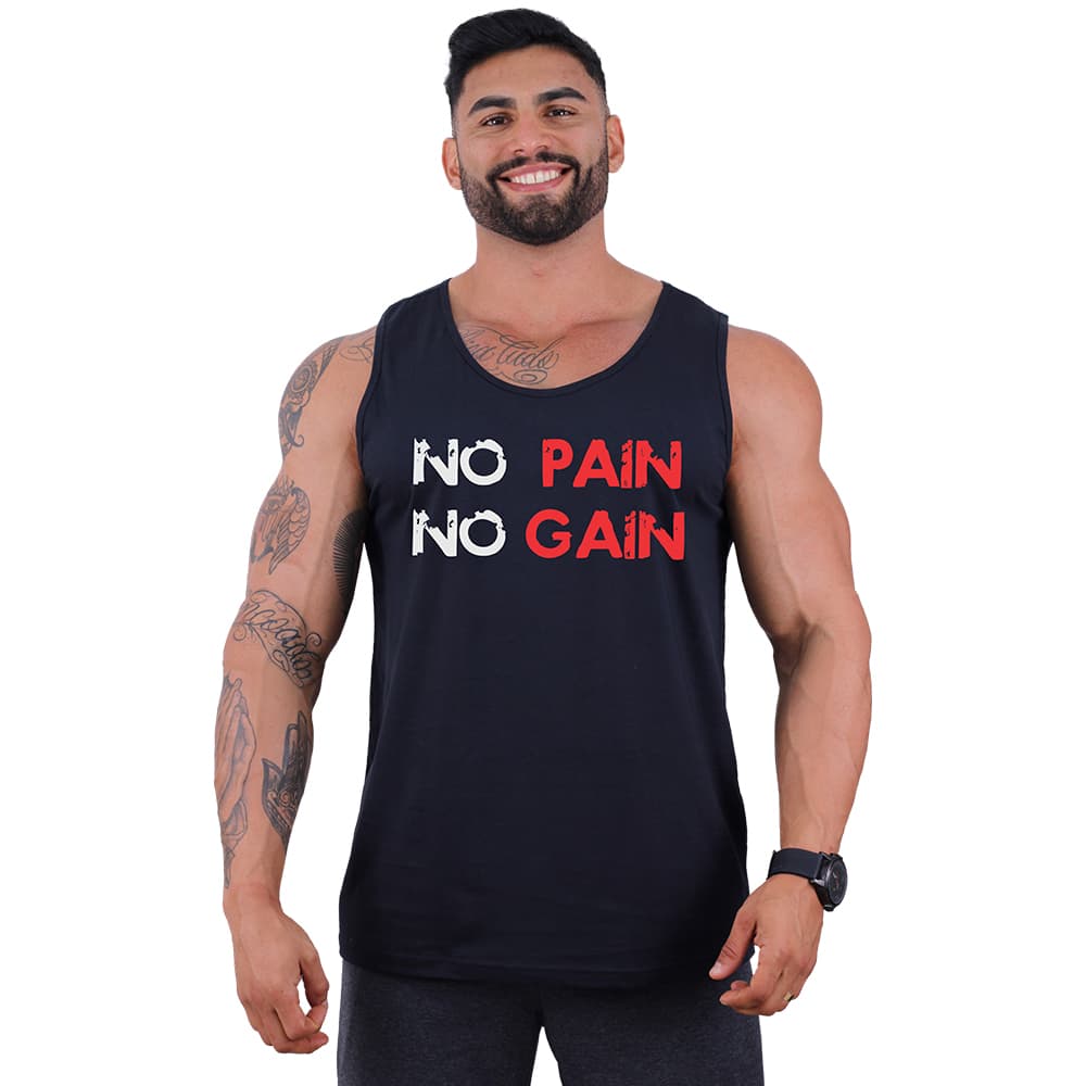 Regata Clássica Masculina MXD Conceito Academia Musculação Lazer No Pain No Gain Letreiro Exclusiva