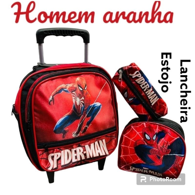 Mochila infantil escolar de Rodinhas para creche do personagem Homem Aranha SPIDERMAN + ESTOJO + LANCHEIRA