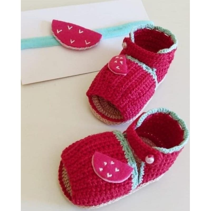 kit sandália em crochê Melancia Sandália  e tiara Sapatinho menina Sandália infantil
