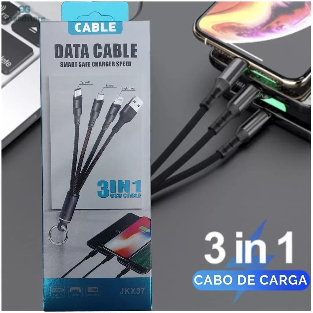 Cabo USB Para Celular 3 em 1 Chaveiro Tipo C Micro V8 IOS IPhone