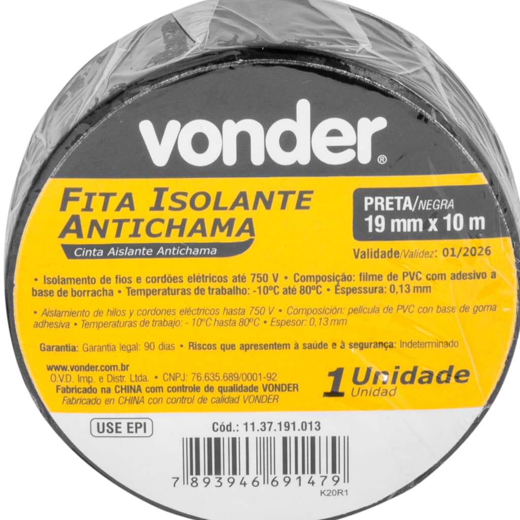 Fita Isolante Preta 19mm x 10m, Fita Anti-Chama, Isolamento de Fios, Segurar Cabos de Iluminação, trabalhos em casa, indústrias, apartamento