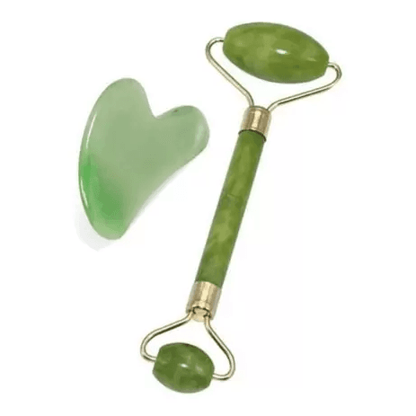 Kit 1Rolos Massageador Pedra De Jade Massagem Facial +Placa Facial Gua Sha